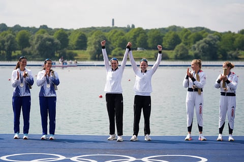 Women's double sculls final: Romania's Simona Radis and Ancuta Bodnar (Silver), New Zealand's Brooke Francis and Lucy Spoors (Gold), and Britain's Mathilda Hodgkins Byrne and Rebecca Wilde (Bronze) 